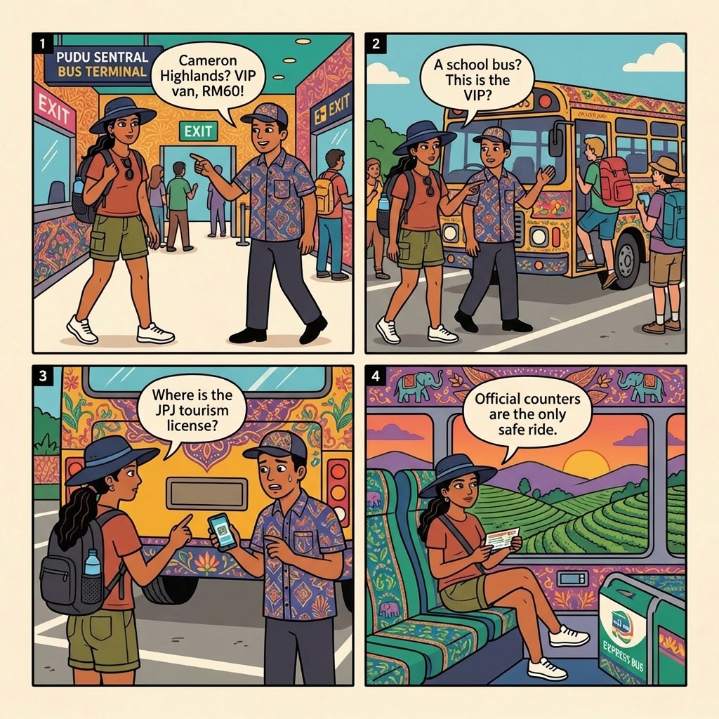 Illegal Unlicensed Tourist-Ferrying Bus & 'School Bus' Racket — comic illustration