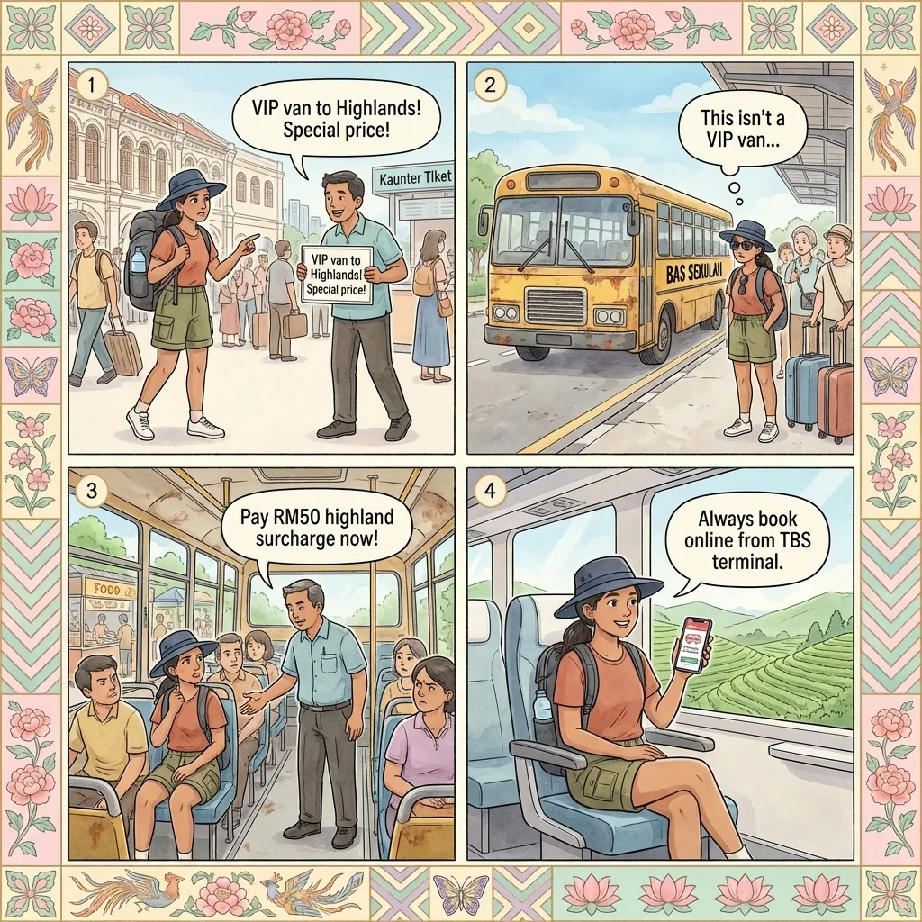 Illegal Unlicensed Tourist-Ferrying Bus & 'School Bus' Racket — comic illustration