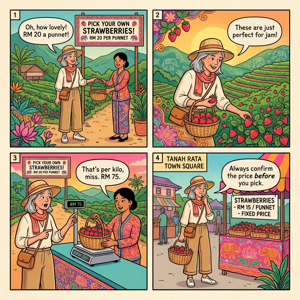 Strawberry Farm 'Per Kg' Pricing Switch & Pick-Your-Own Overcharge — comic illustration