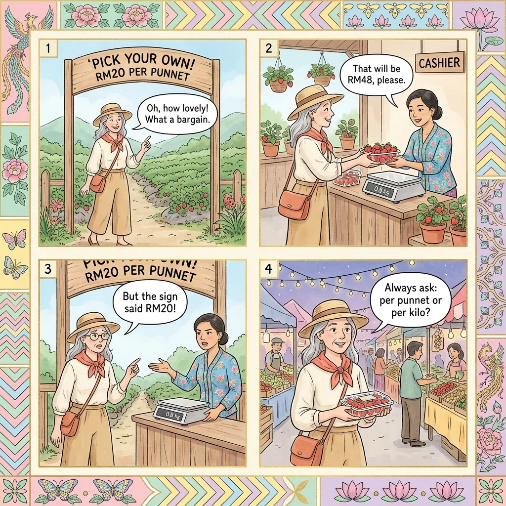 Strawberry Farm 'Per Kg' Pricing Switch & Pick-Your-Own Overcharge — comic illustration