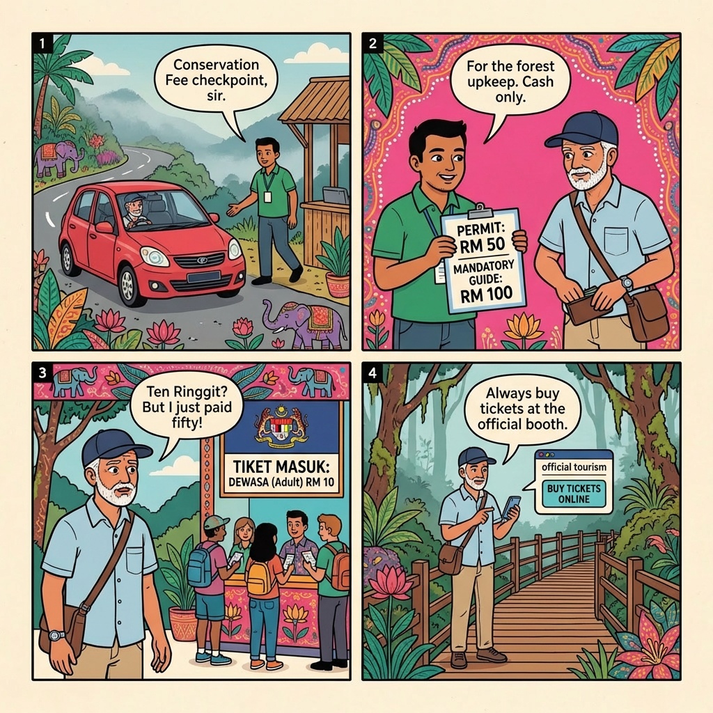 Mossy Forest Fake 'Conservation Fee' & 'Mandatory Guide' at Gunung Brinchang — comic illustration
