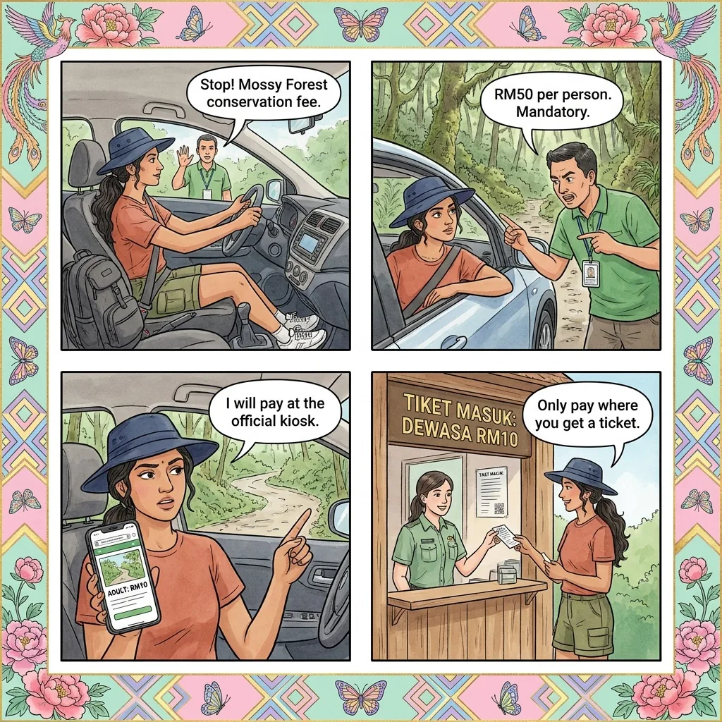 Mossy Forest Fake 'Conservation Fee' & 'Mandatory Guide' at Gunung Brinchang — comic illustration