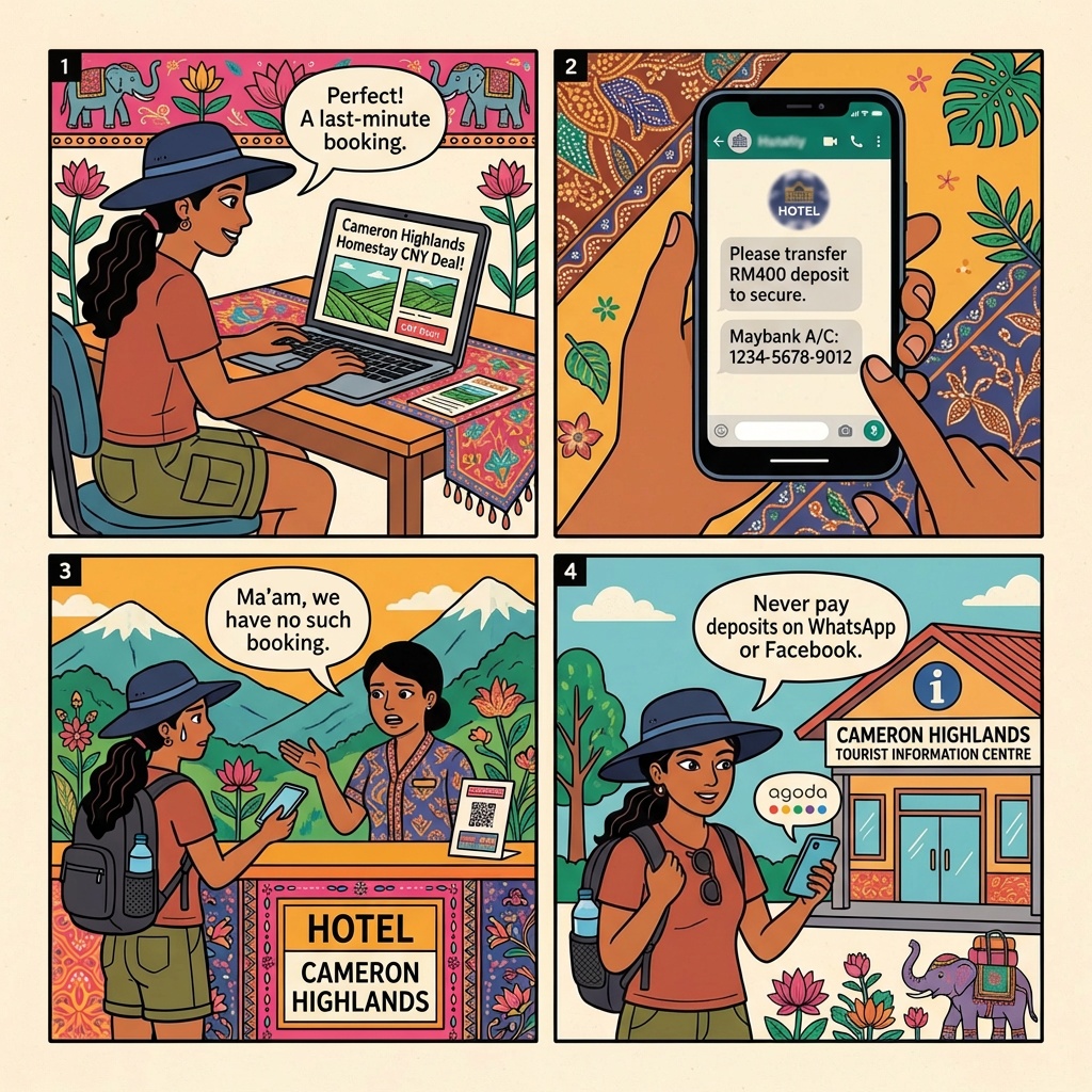 Brinchang Homestay / Hotel-Impersonation Off-Platform Booking Fraud — comic illustration