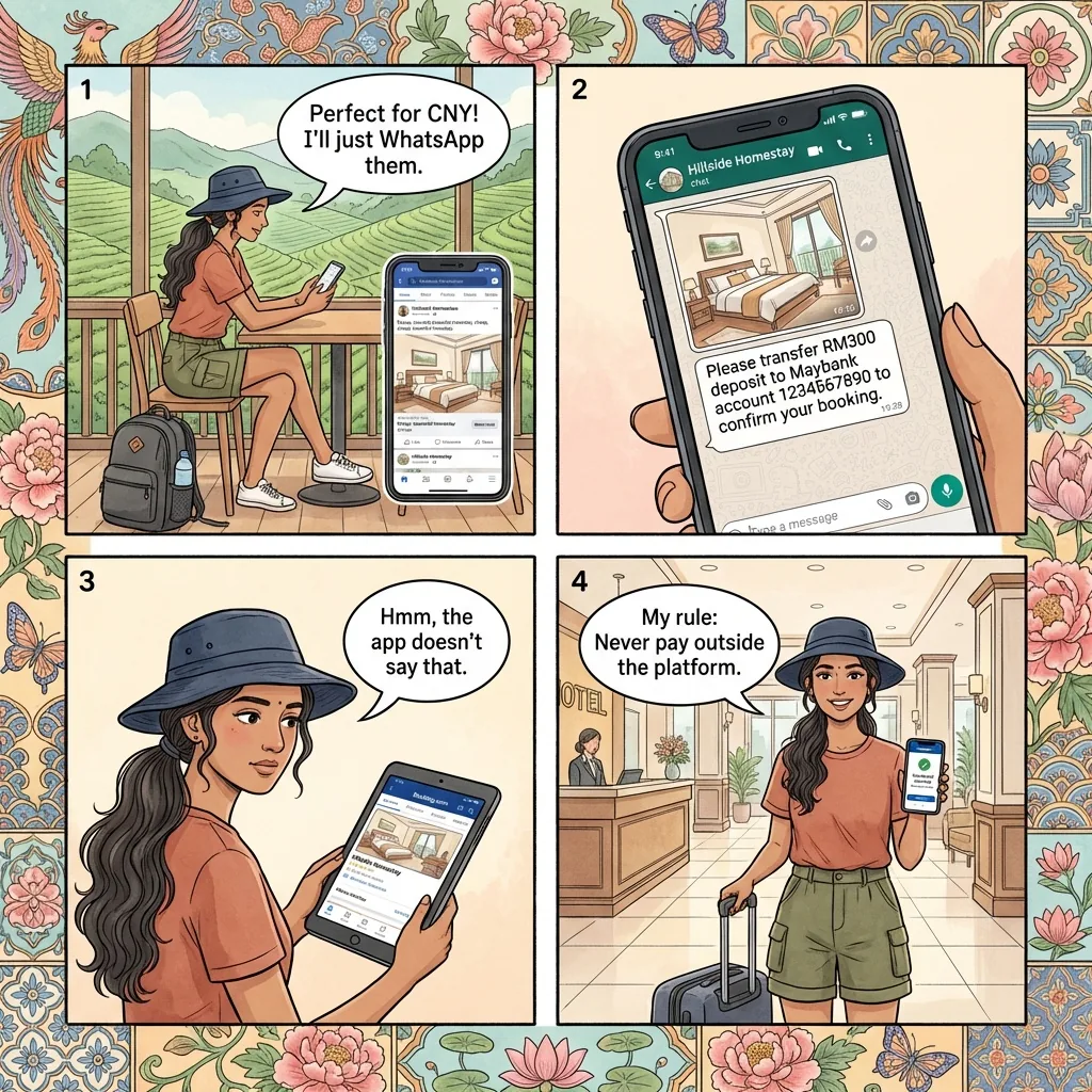 Brinchang Homestay / Hotel-Impersonation Off-Platform Booking Fraud — comic illustration