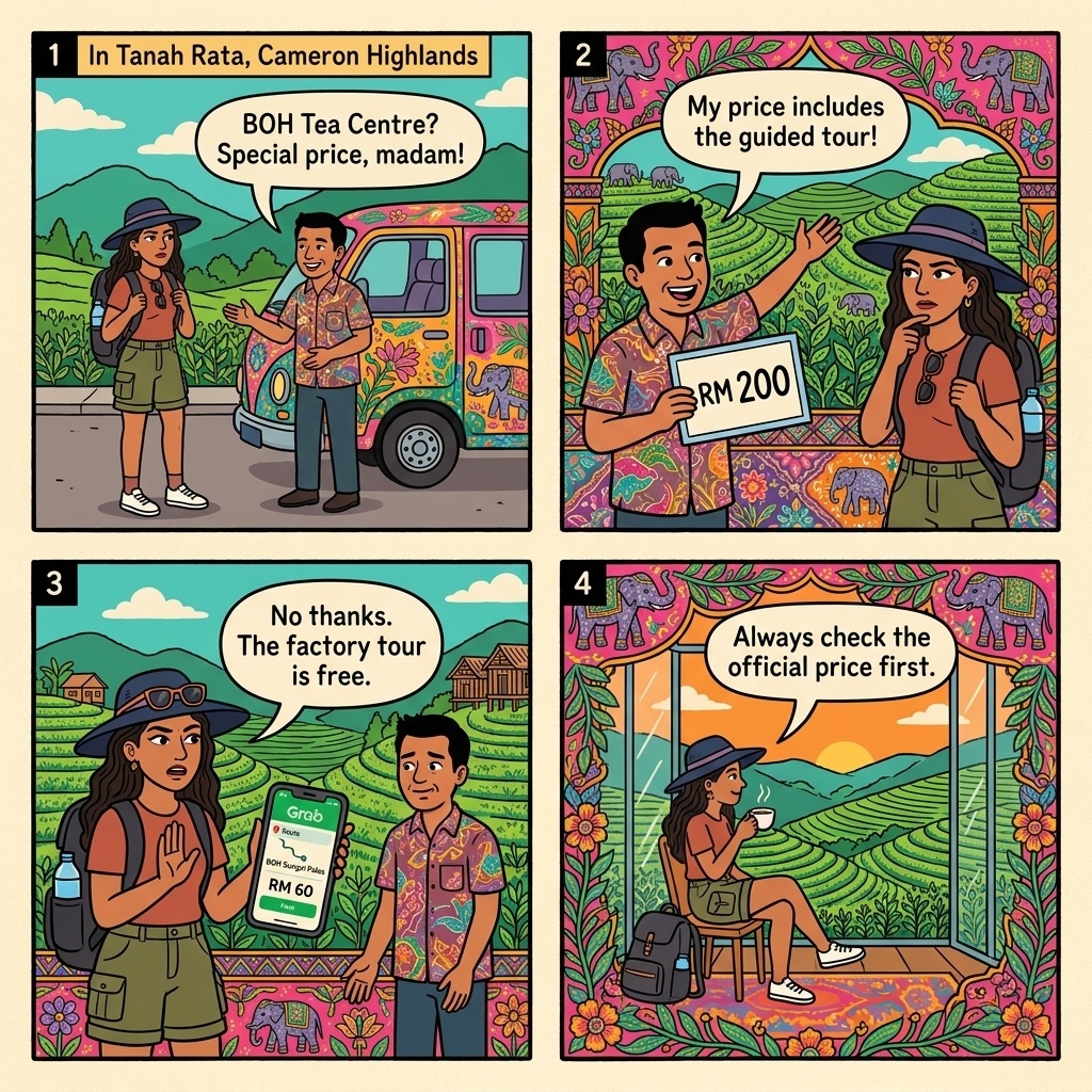 BOH Sungai Palas Tea Center — Unofficial Guide & Van-Transport Markup — comic illustration