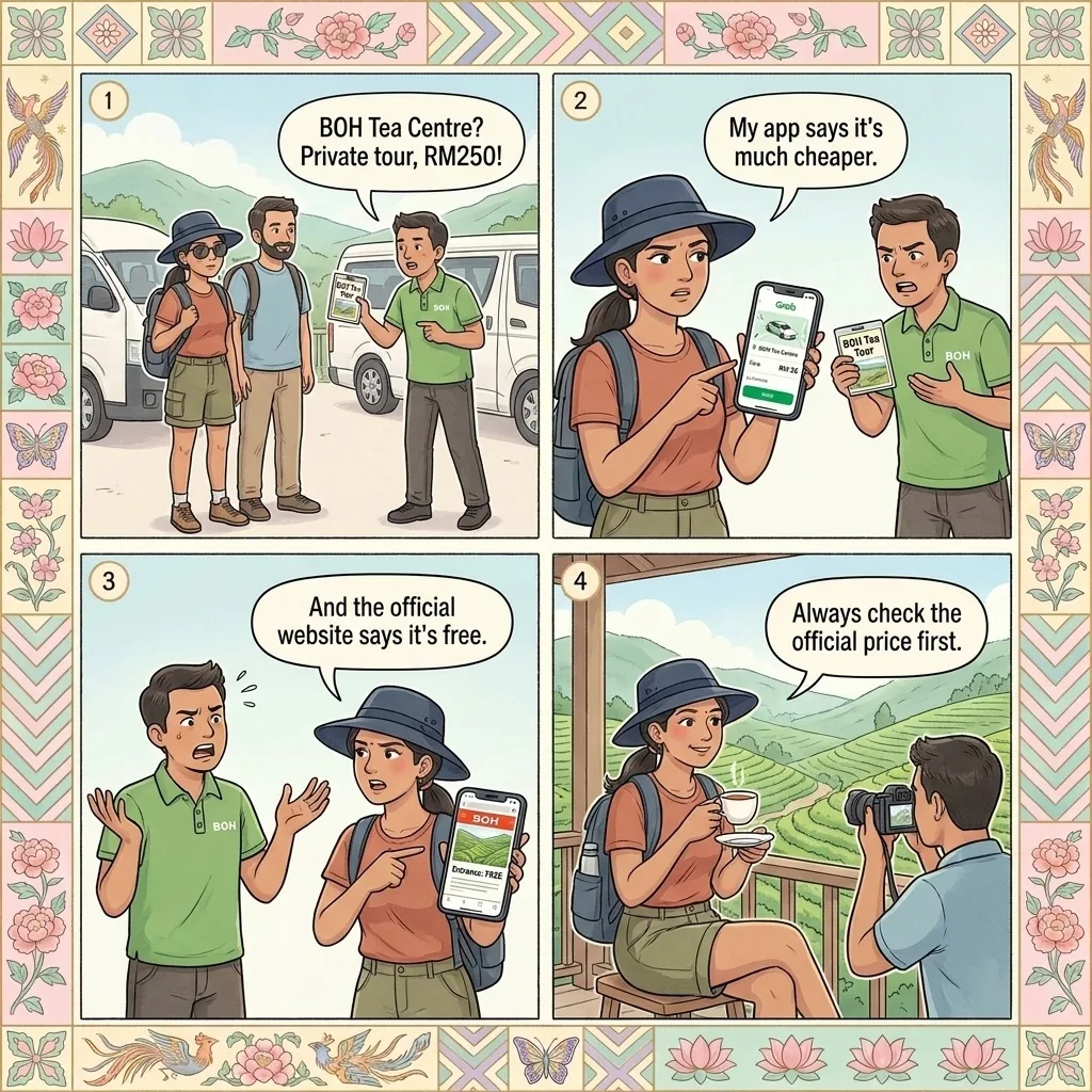 BOH Sungai Palas Tea Centre — Unofficial Guide & Van-Transport Markup — comic illustration