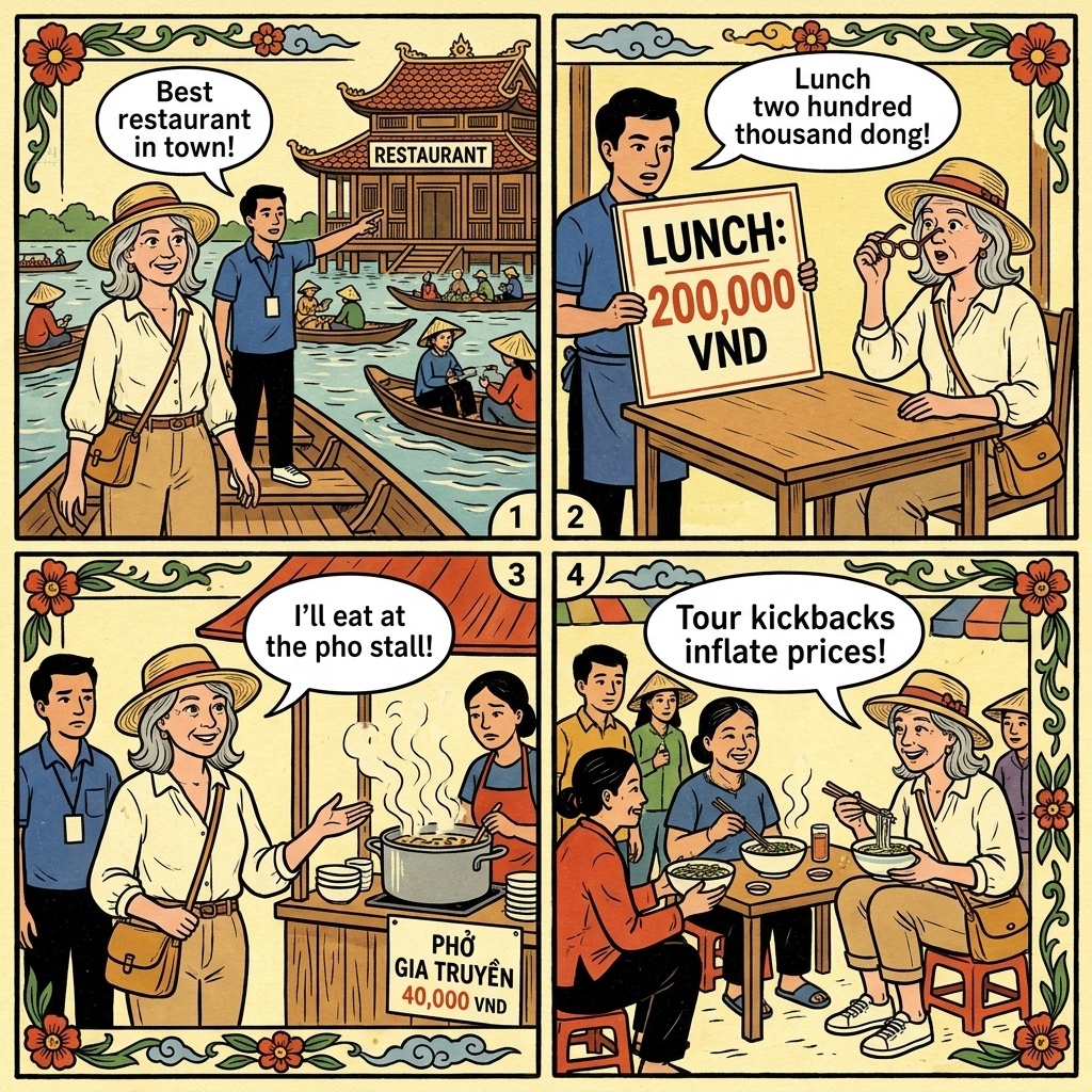 Mekong Delta HCMC Day Tour Kickback & Tourist-Restaurant Scam — comic illustration