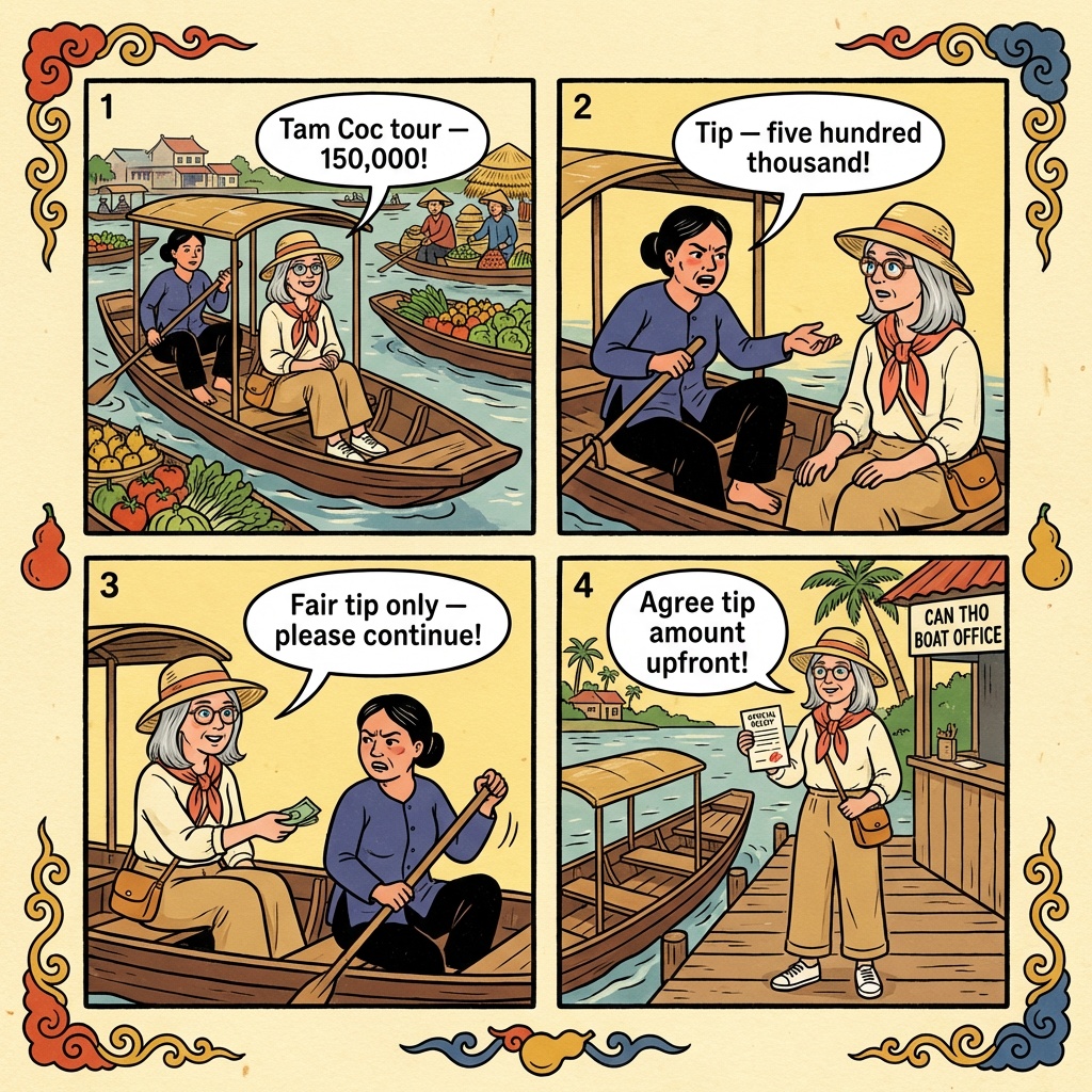 Cai Rang Floating Market Declining Authenticity & Boat Overcharge — comic illustration