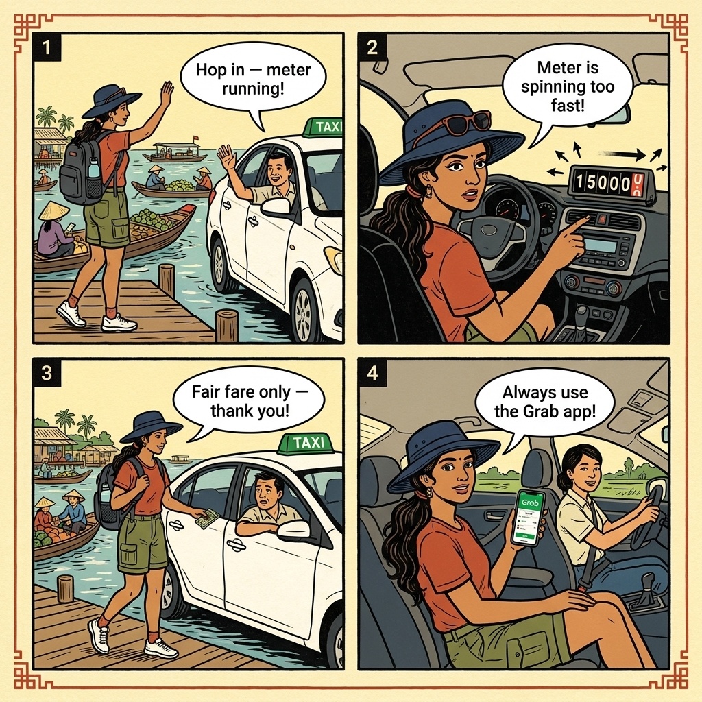 Can Tho Taxi & 'Local Driver' Overcharge Scam — comic illustration