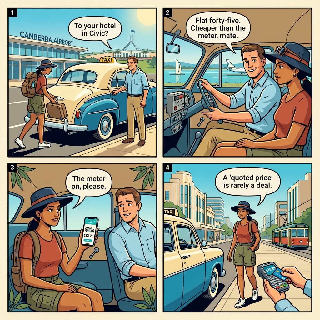 ACT Cabs / EzyCab 'Quoted Price' Overcharge — comic illustration