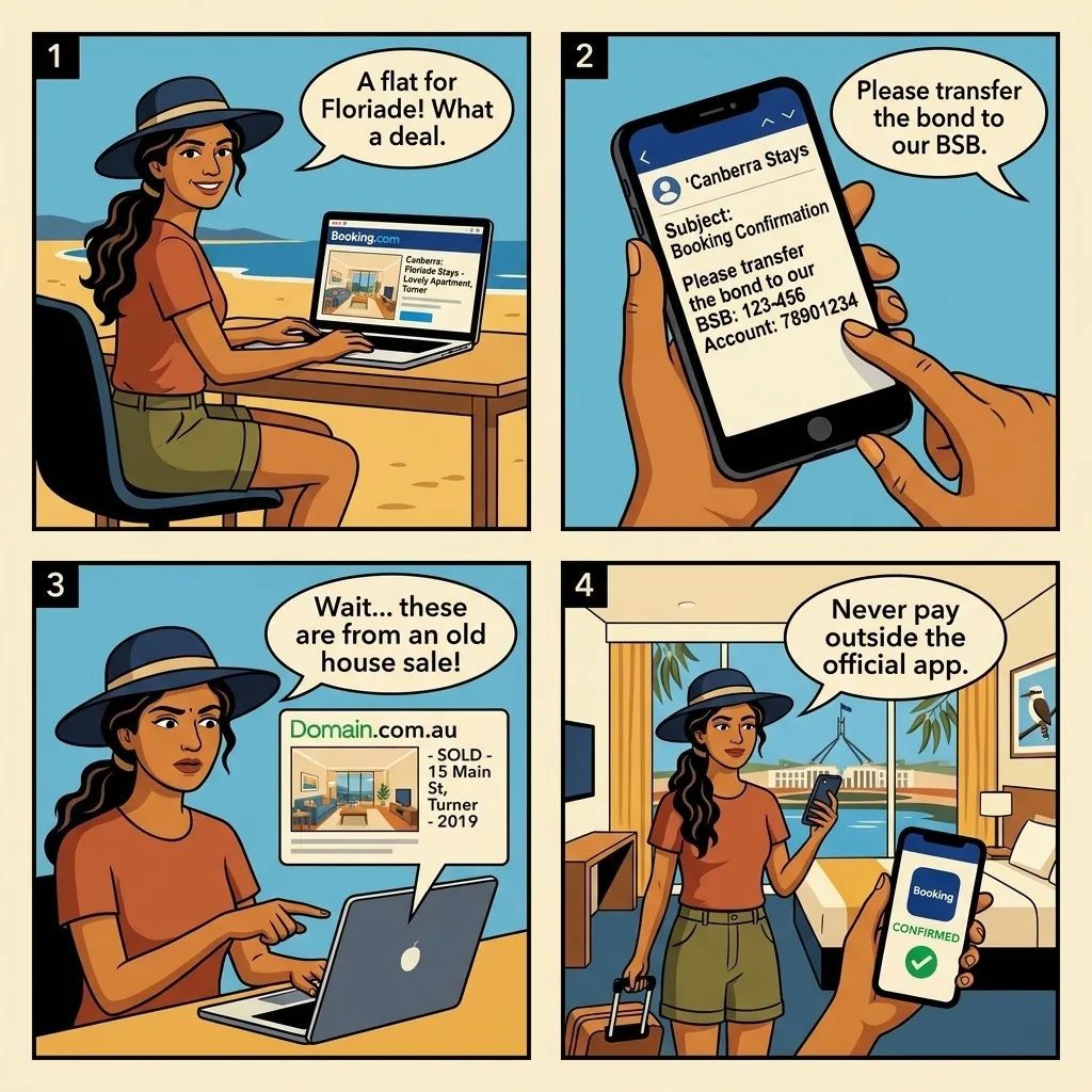 Fake Booking.com / AllHomes Rental Listing — comic illustration