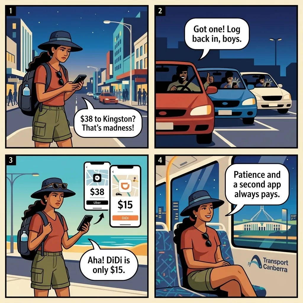 Canberra Airport Uber Surge-Cartel Squeeze — comic illustration