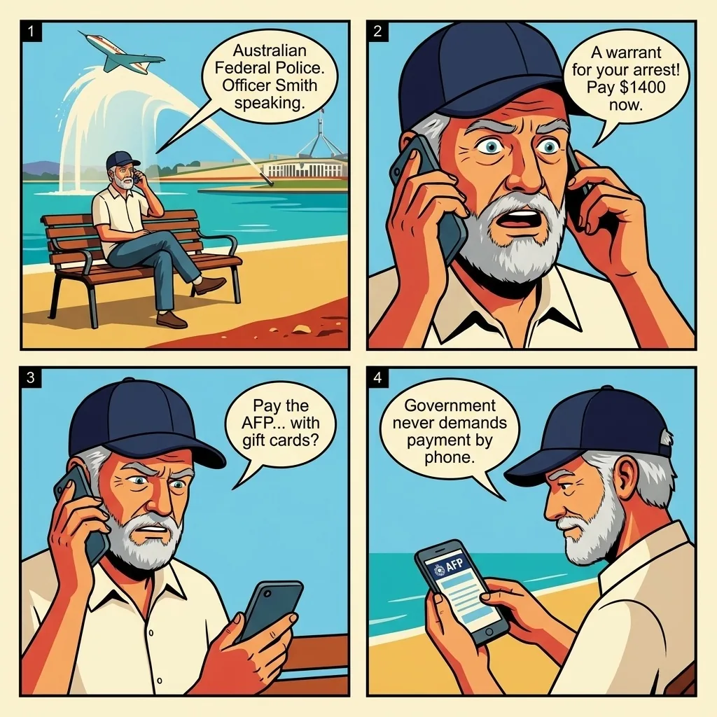 AFP / Services Australia / ATO Phone Impersonation Scam — comic illustration