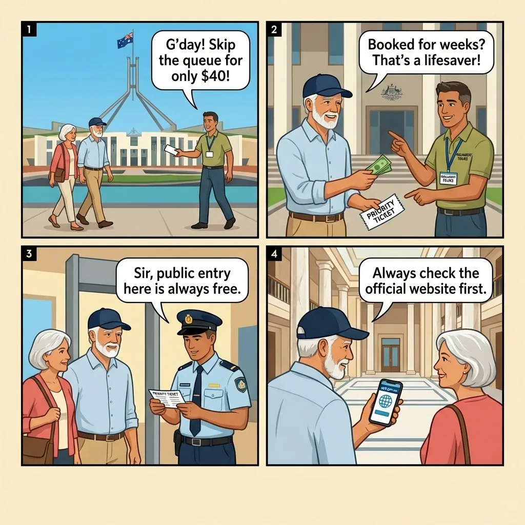 Parliament House / 'Official Tour' Ticket Scam — comic illustration