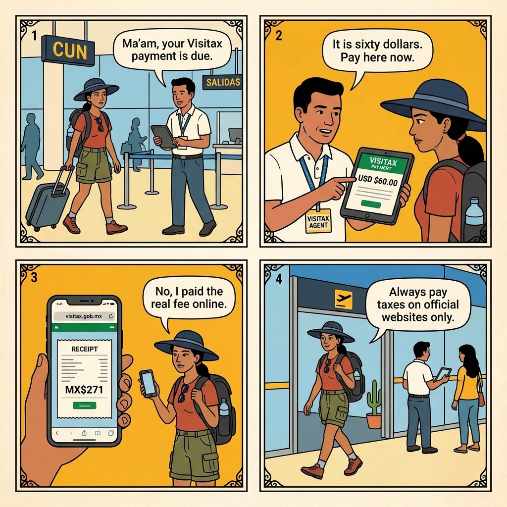 The CUN Airport Fake-“Visitax” Shake-Down — comic illustration