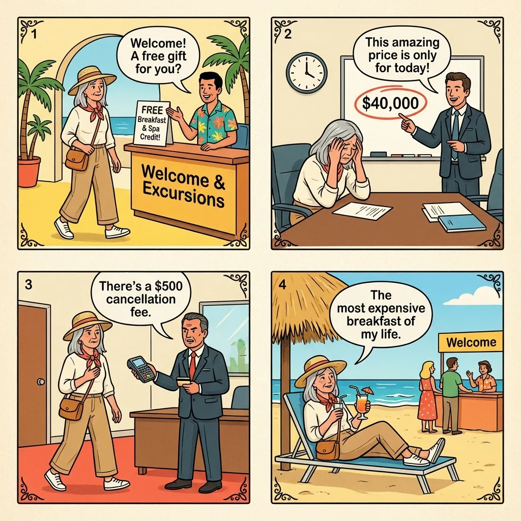 Hotel Zone 'Free Breakfast' Timeshare Trap — comic illustration