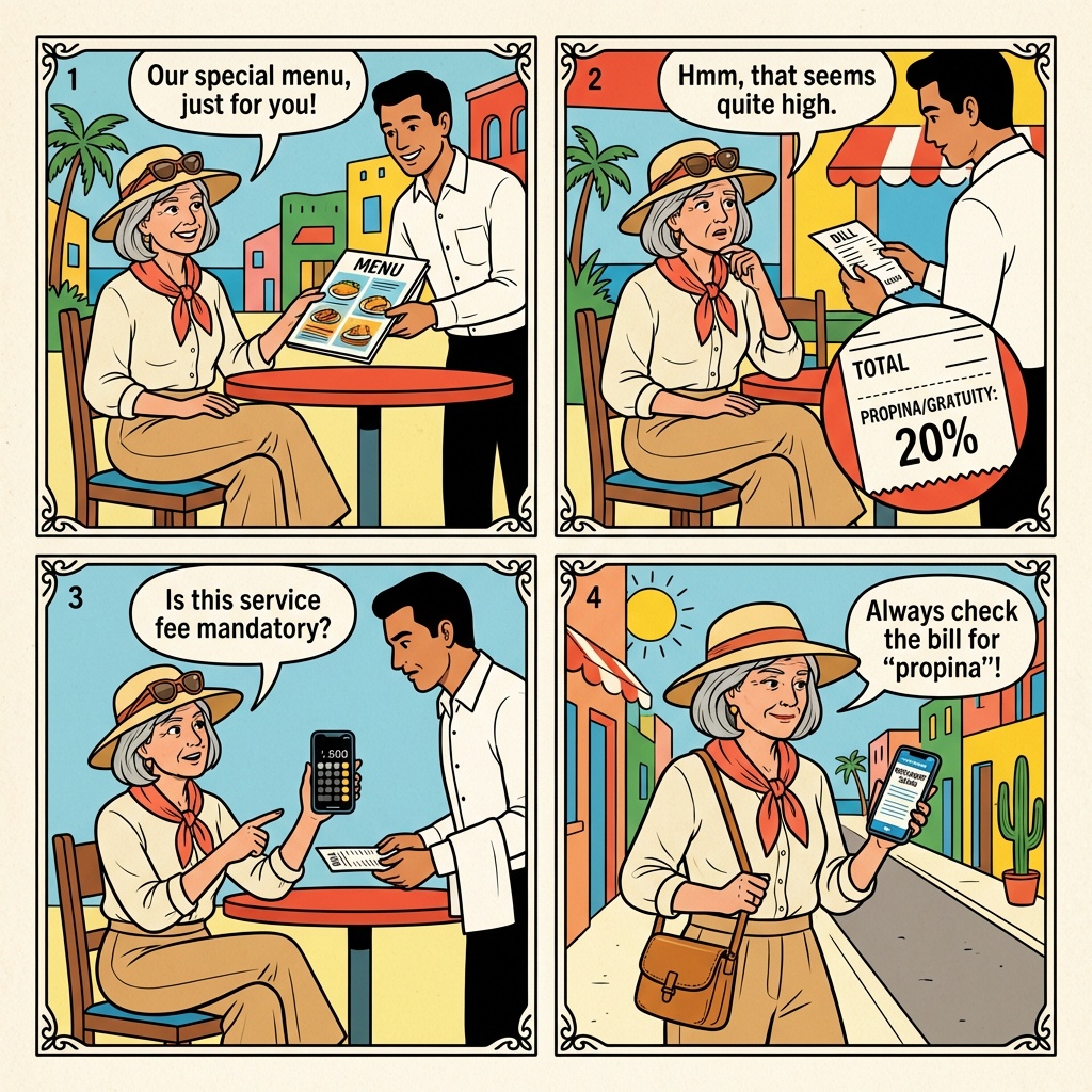 Cancun Hotel Zone resort cambio comic, tourist at a beachfront hotel front-desk exchange counter with palm trees and the Caribbean visible behind