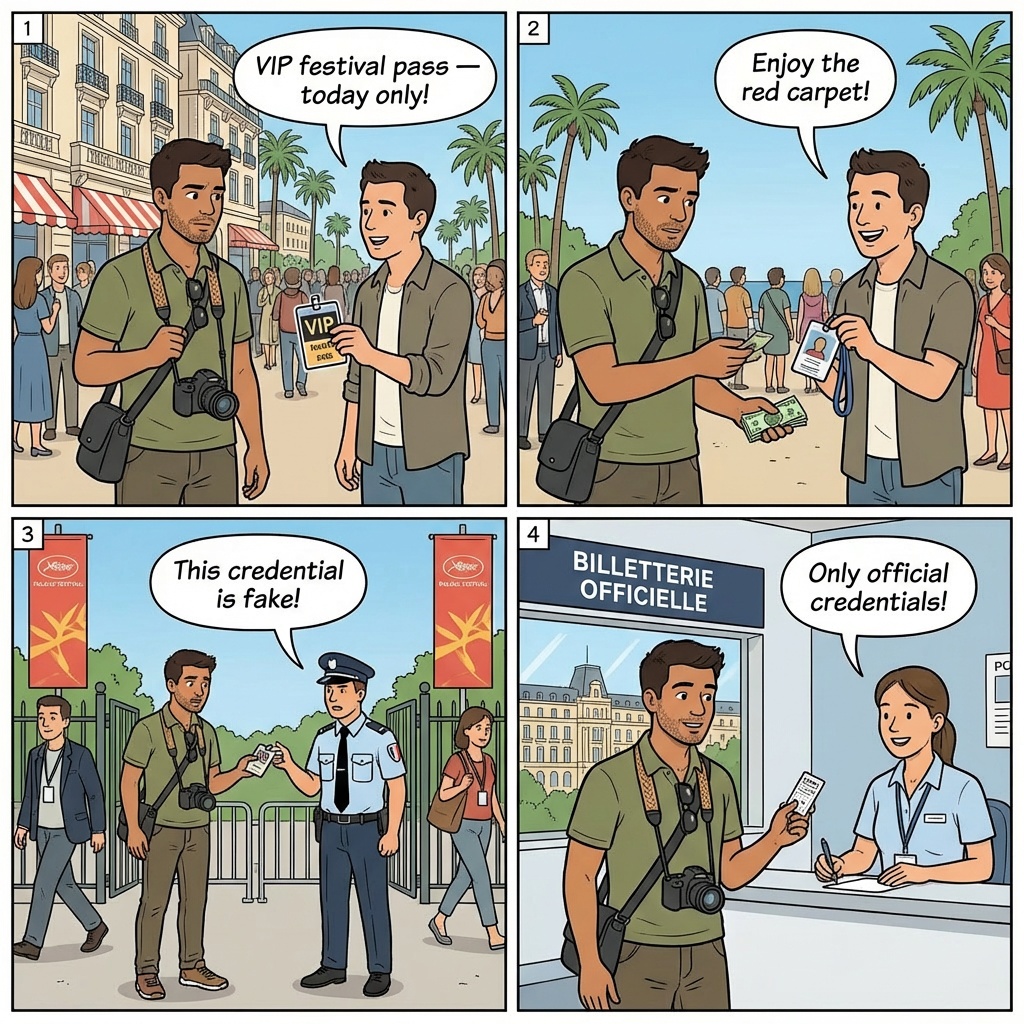 Film Festival Credential Scams — comic illustration