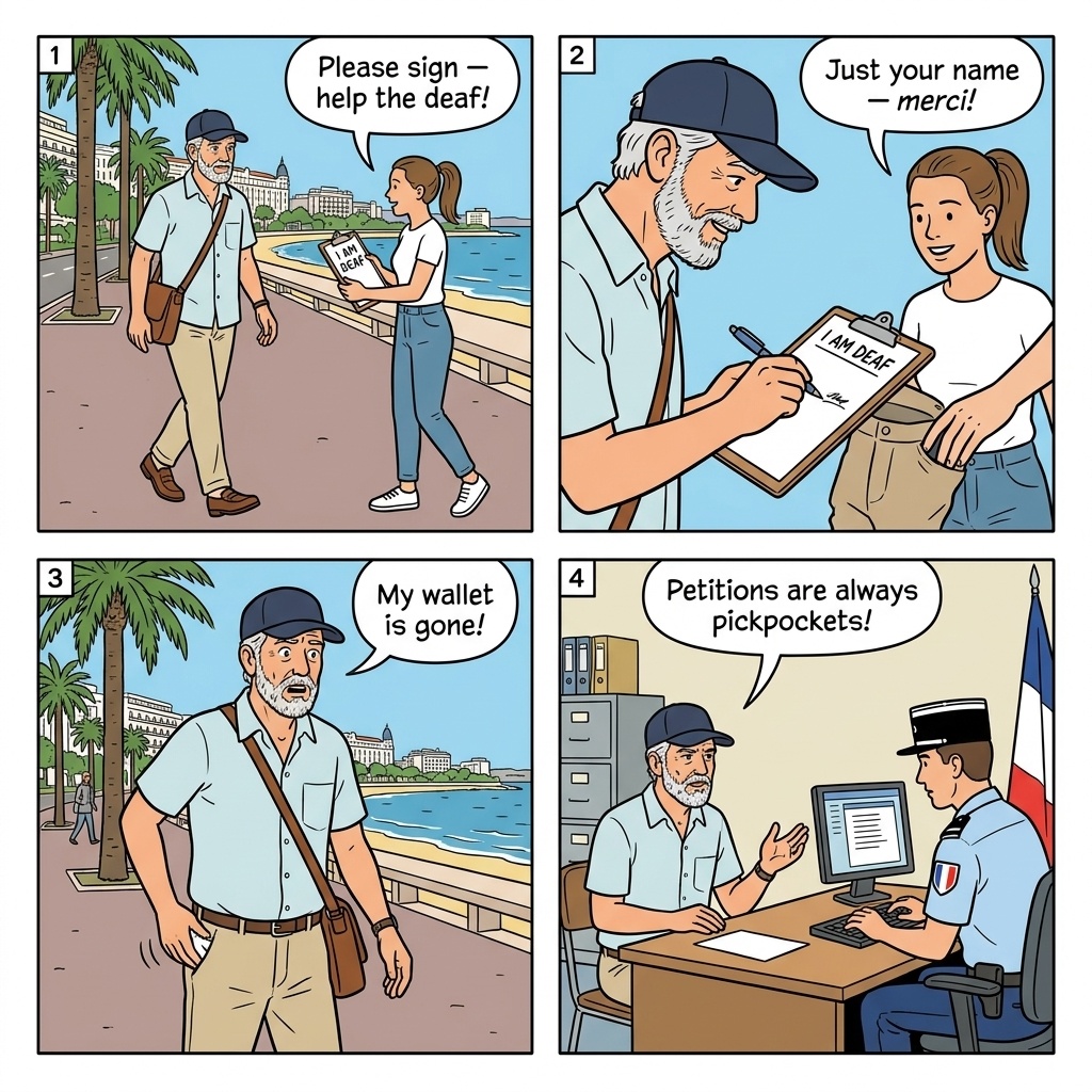 Petition and Charity Clipboard Scam — comic illustration