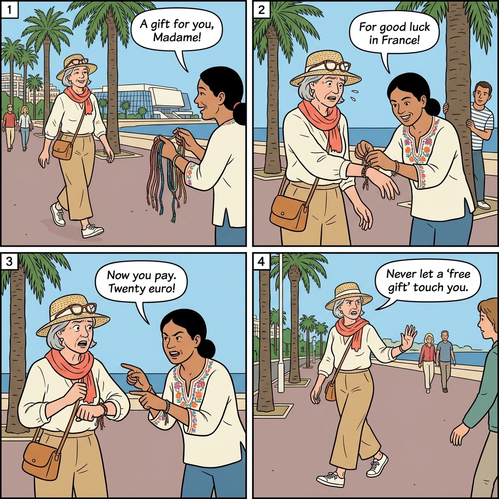 Friendship Bracelet Scam — comic illustration