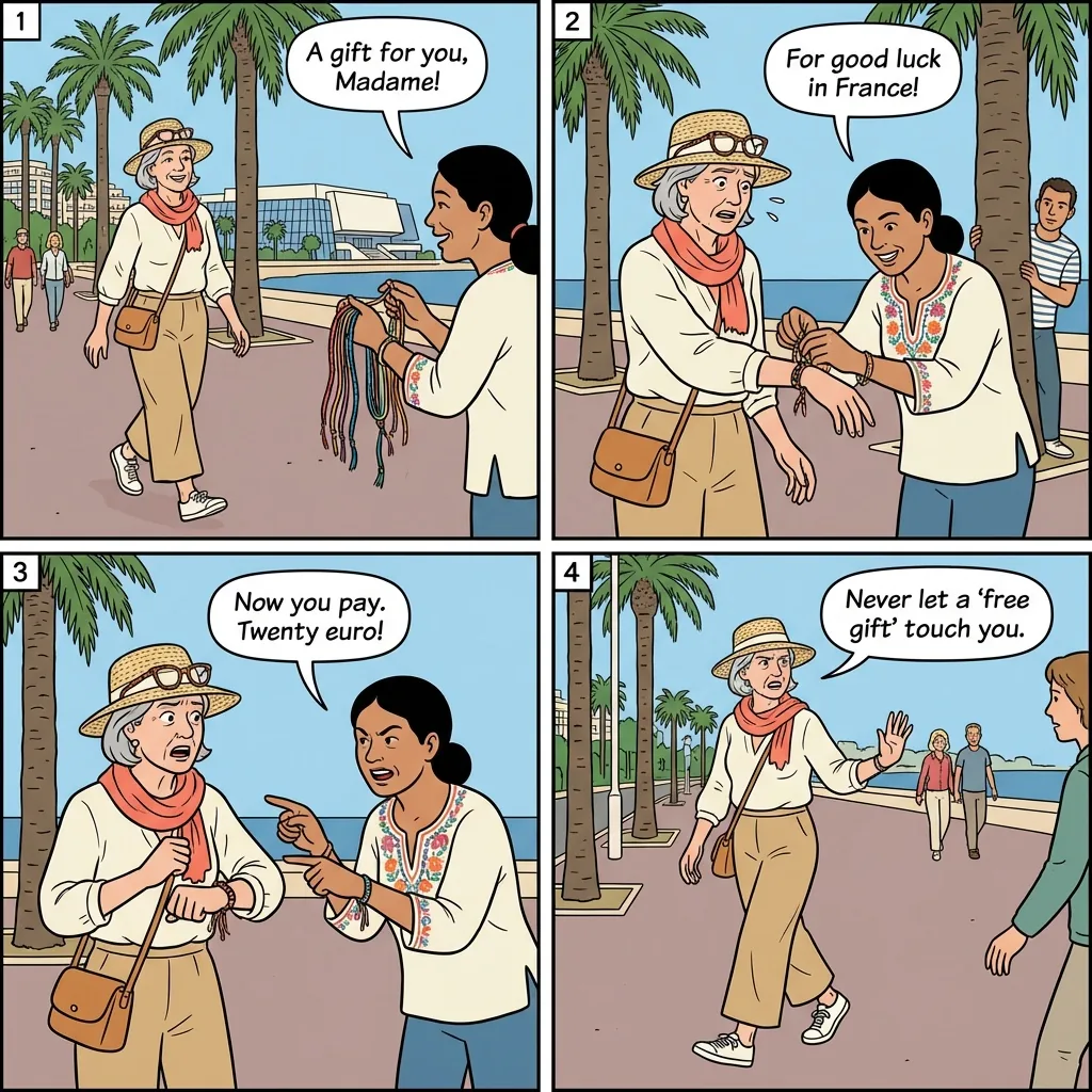 Friendship Bracelet Scam — comic illustration
