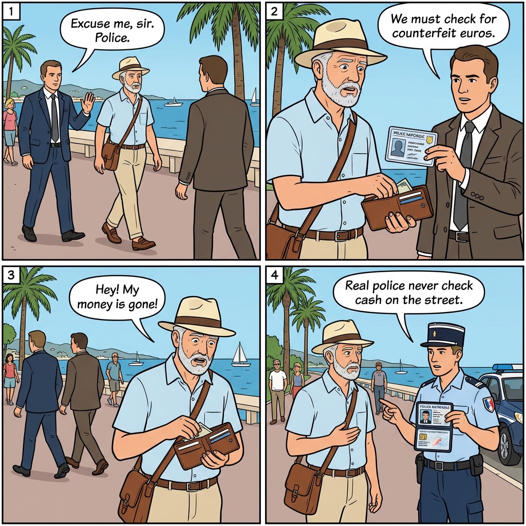 Fake Police Officer Scam — comic illustration