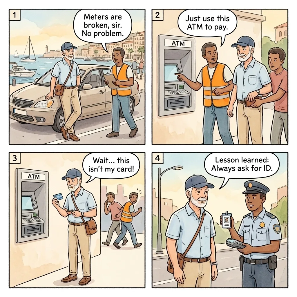 Fake Parking Attendant Scam — comic illustration