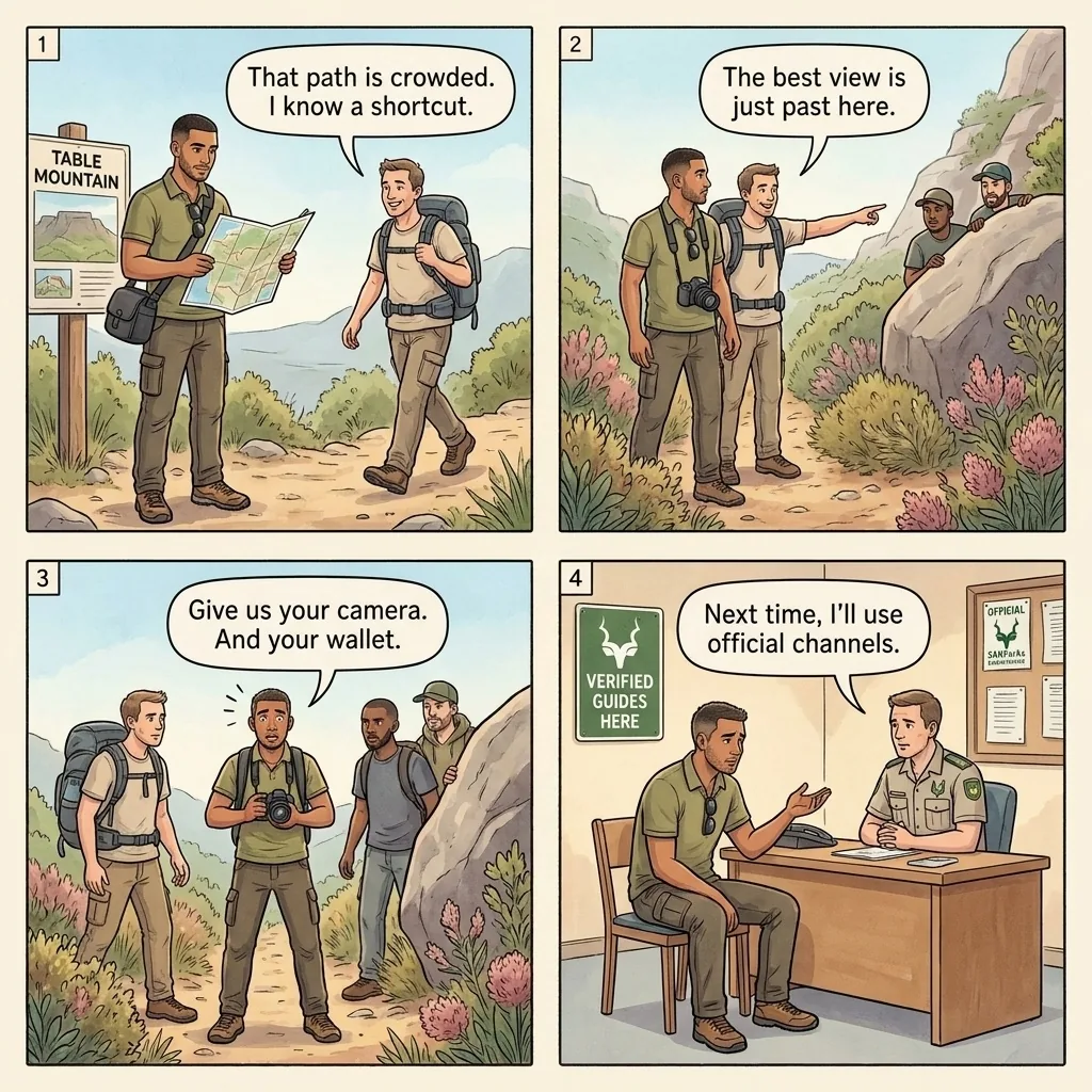 Table Mountain Fake Guide Robbery — comic illustration