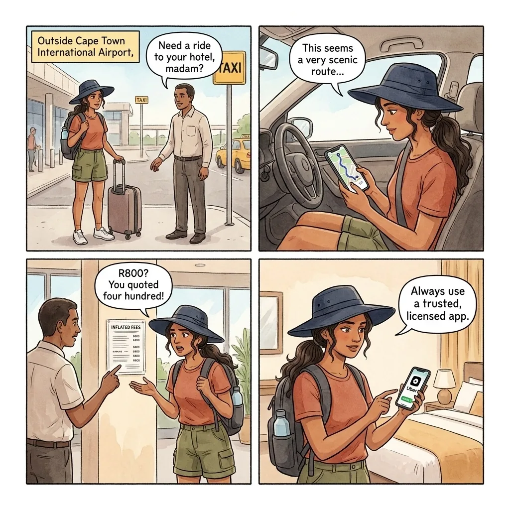 Uber/Taxi Overcharging and Luggage Theft — comic illustration