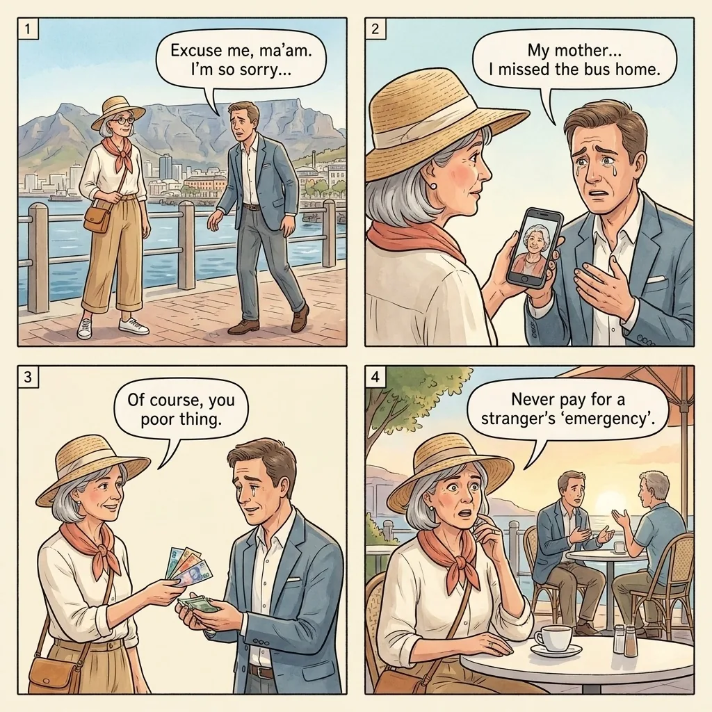 Sympathy Story / Funeral Scam — comic illustration