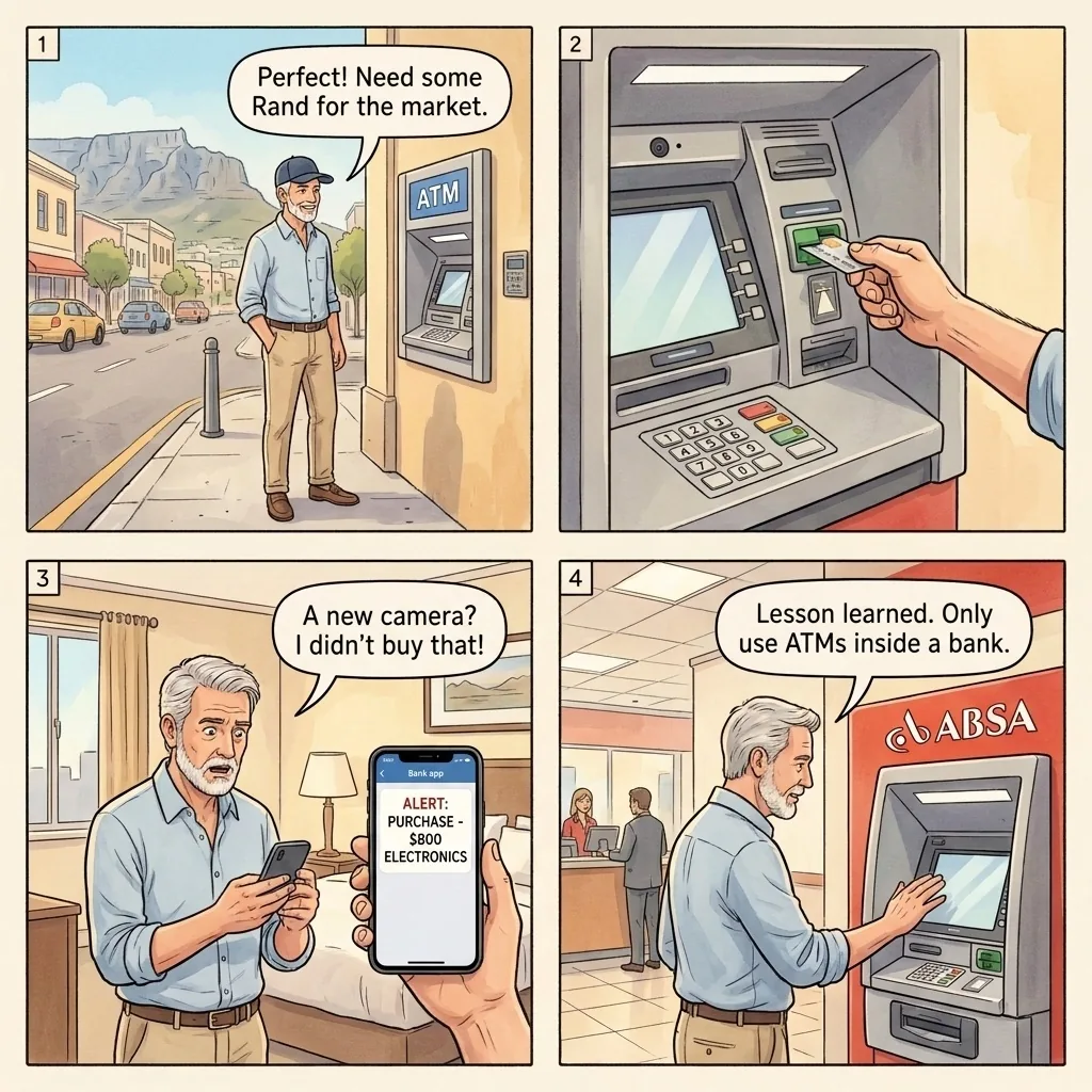 Card Skimming at ATMs — comic illustration