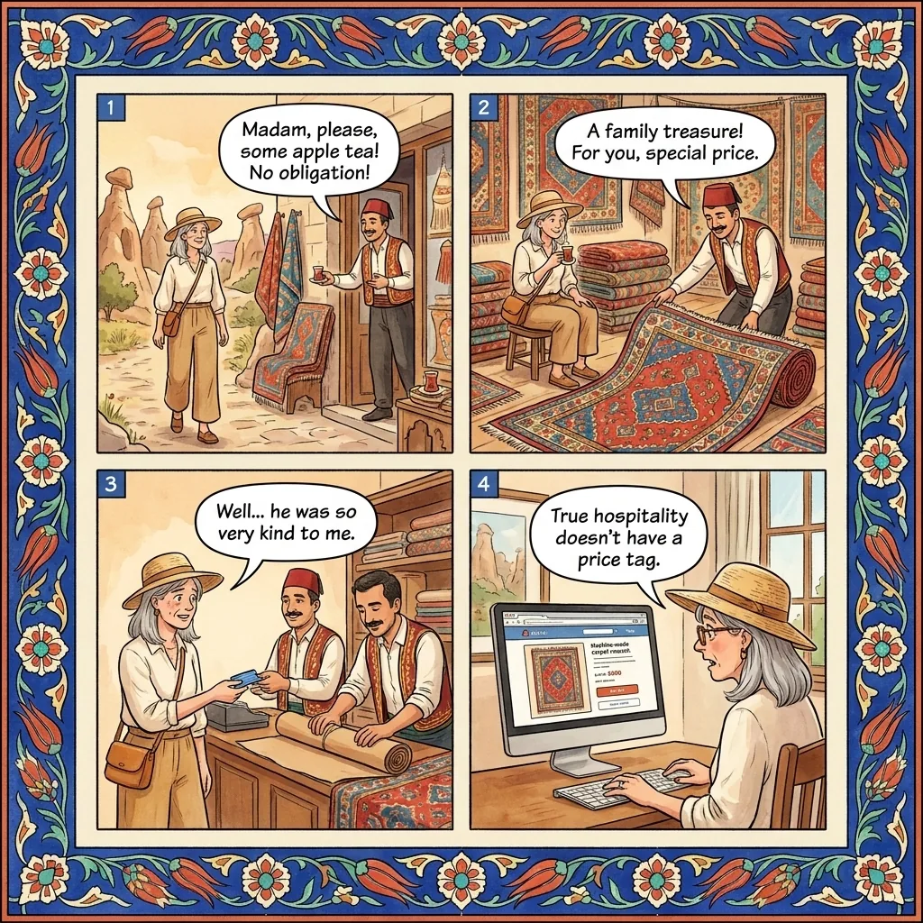 The Carpet Shop Hospitality Trap — comic illustration
