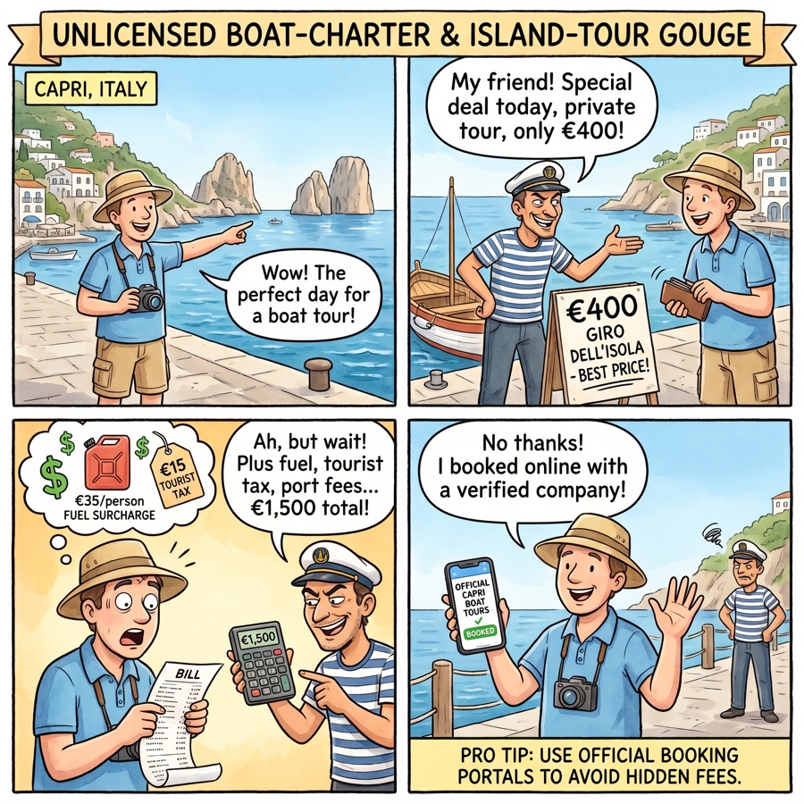 Unlicensed Boat-Charter & Island-Tour Gouge — comic illustration