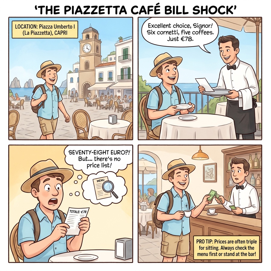 The Piazzetta Café Bill Shock — comic illustration