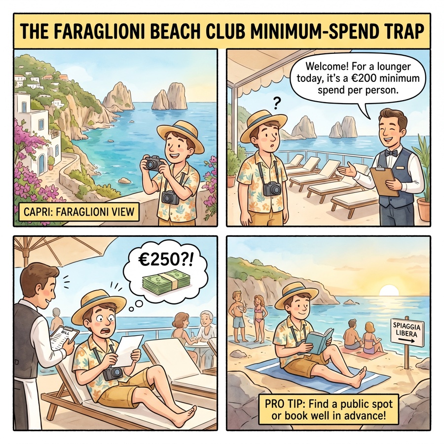 The Faraglioni Beach Club Minimum-Spend Trap — comic illustration