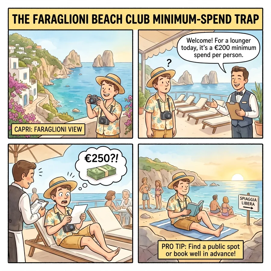 The Faraglioni Beach Club Minimum-Spend Trap — comic illustration