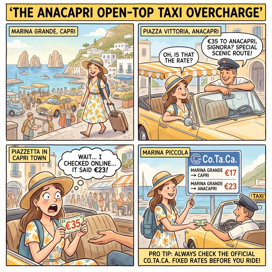 The Anacapri Open-Top Taxi Overcharge — comic illustration