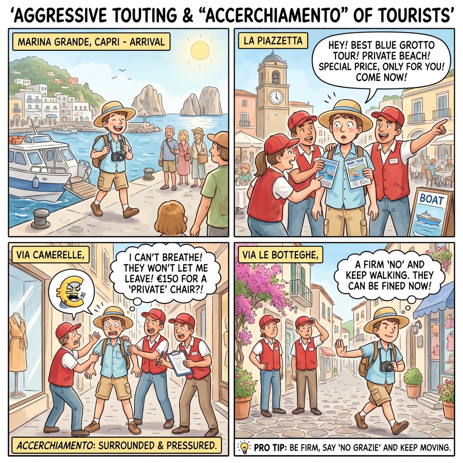Aggressive Touting & "Accerchiamento" of Tourists — comic illustration