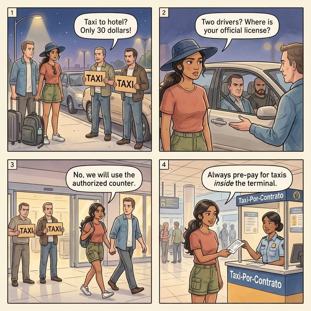 Caracas Maiquetia airport express kidnapping comic, tourist arriving at terminal curb approached by unauthorized taxi driver who is part of organized kidnapping crew