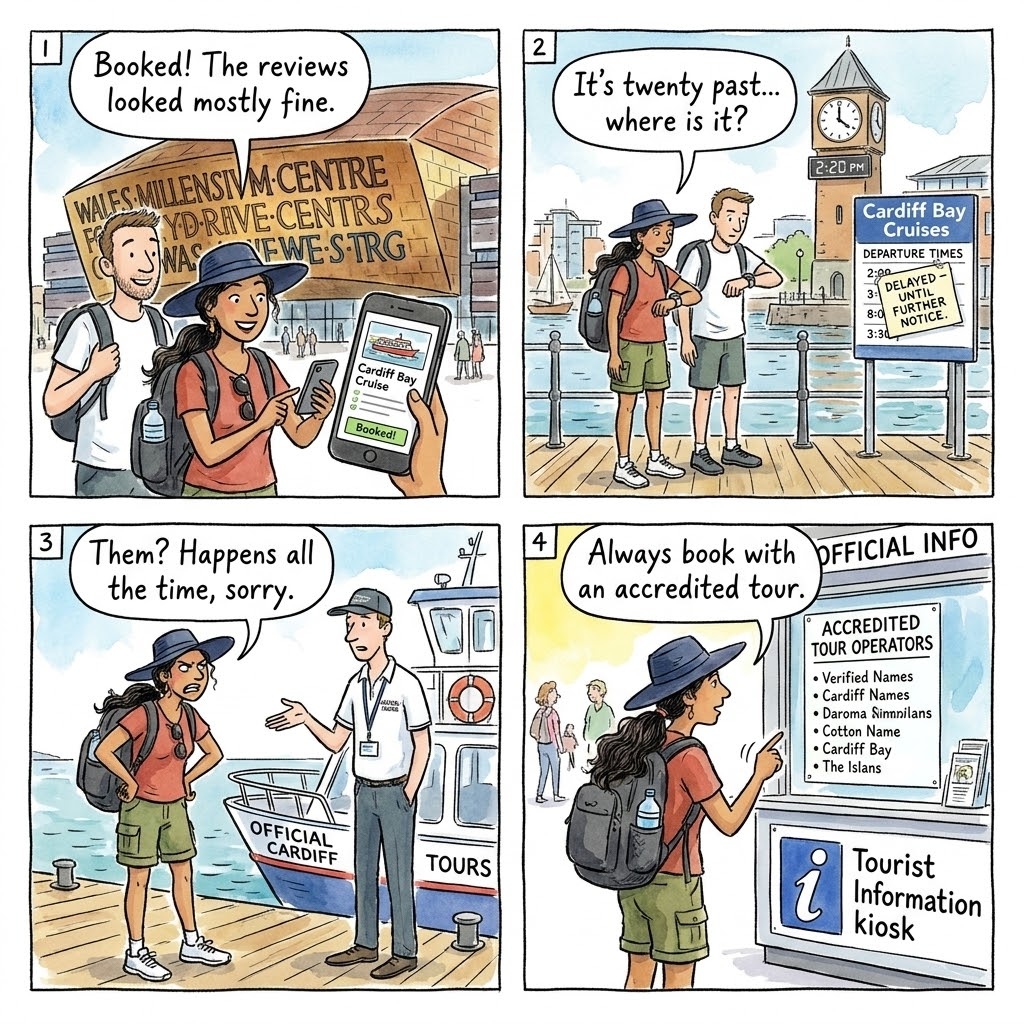 The Cardiff Bay Boat-Tour No-Show — comic illustration