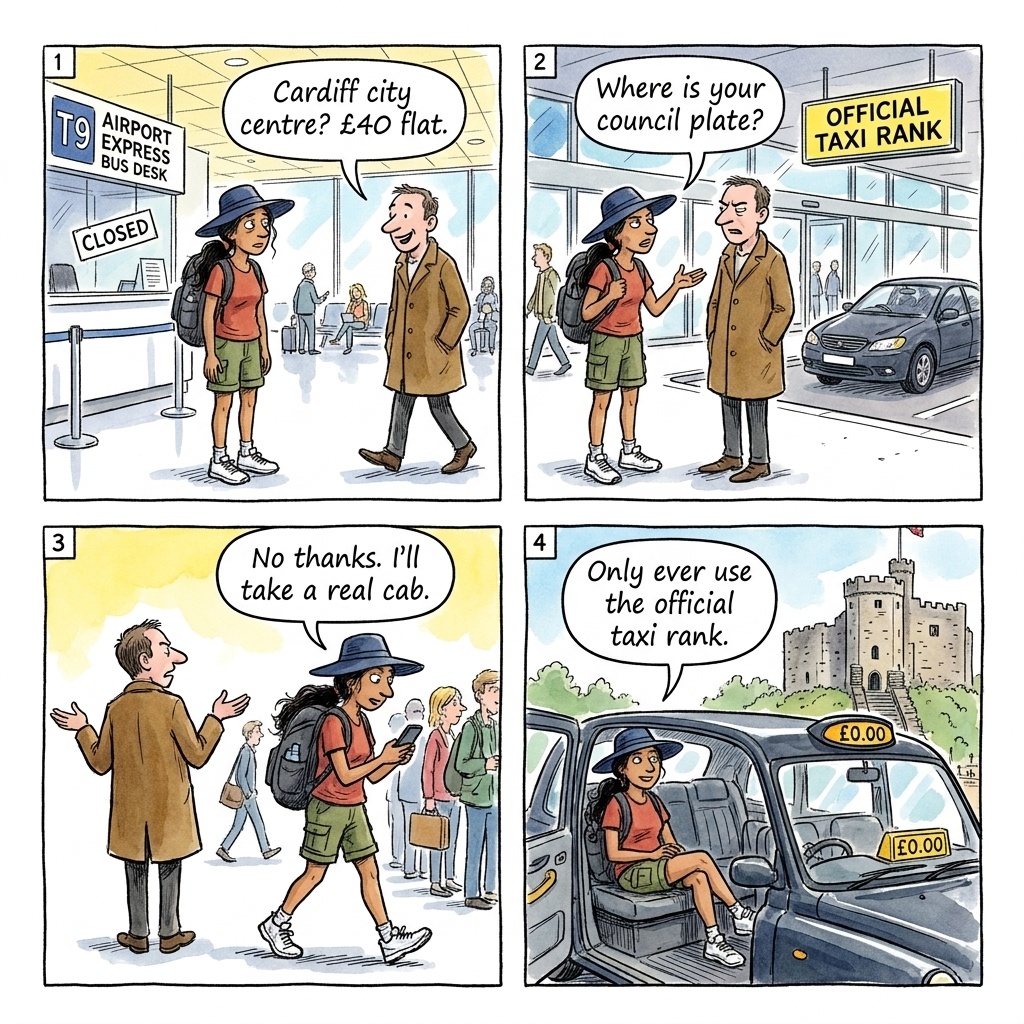 The Cardiff Airport Minicab Trap — comic illustration