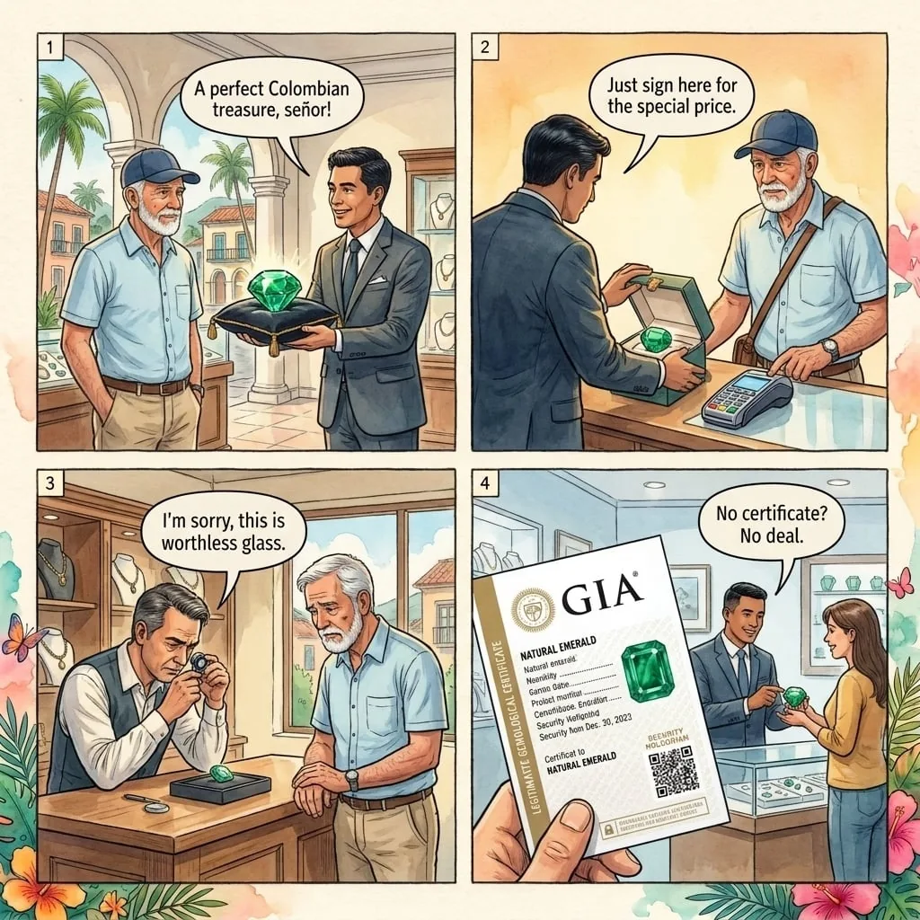 Fake Emerald Jewelry Swindle — comic illustration