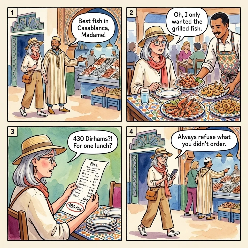 Marché Central Seafood Restaurant Overcharge — comic illustration