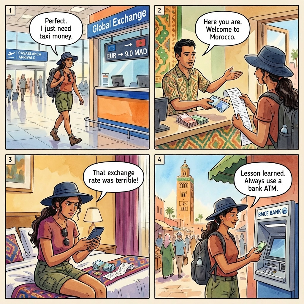 Casablanca CMN airport currency exchange rip-off scam comic — counter offering 12% below market rate