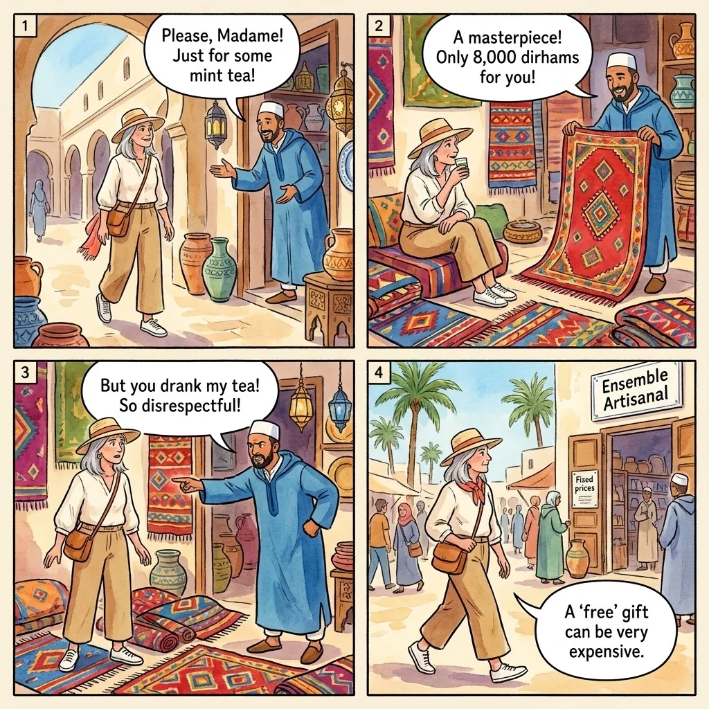 Aggressive Souvenir Shop Pressure Sales — comic illustration