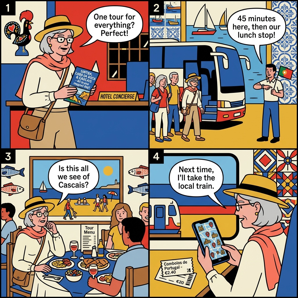 Lisbon-Cascais Day-Trip Tour Package & Tour-Bus Bundling — comic illustration