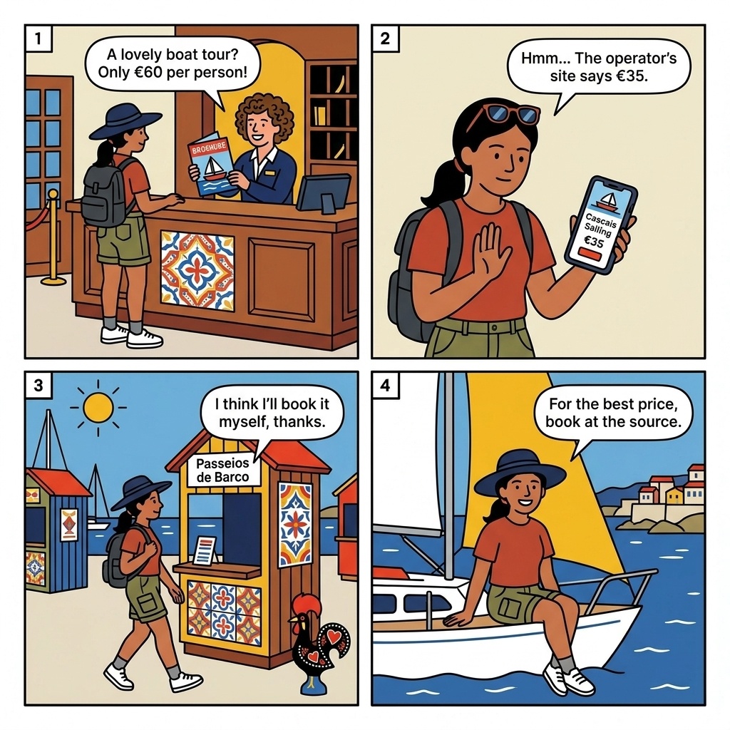 Cascais Marina Boat Tour Reseller Overcharge — comic illustration
