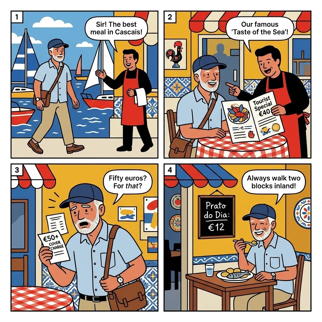 Cascais Restaurant Tourist-Menu Inflation & Marina Overpricing — comic illustration