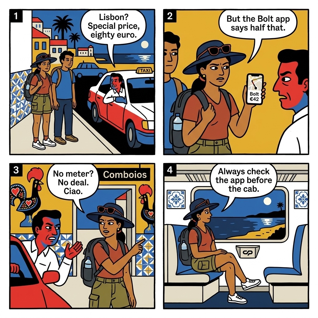 Cascais-Lisbon Train/Taxi Day-Trip Transfer Scams — comic illustration