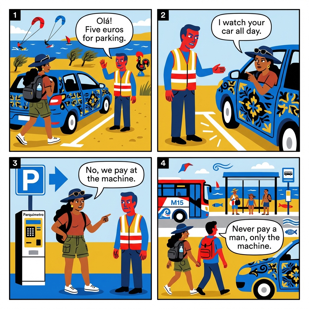 Praia do Guincho Beach Parking & Rental Scam — comic illustration